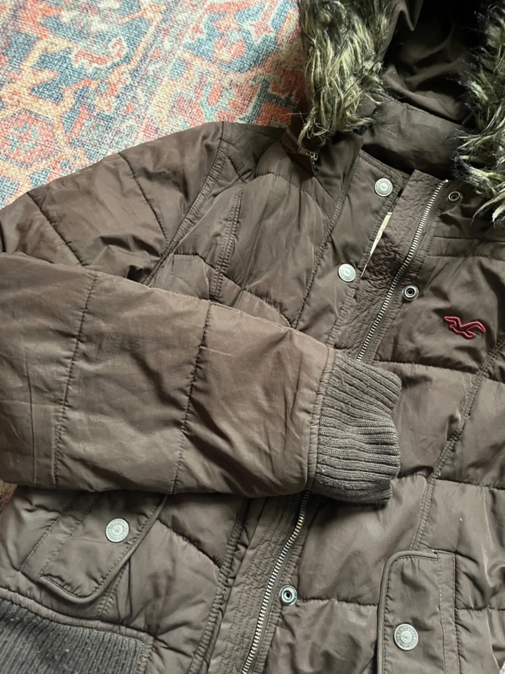 Hollister Quilted Bomber Jacket with Removable Faux Fur Hood - Brown - Large - Picture 10 of 16